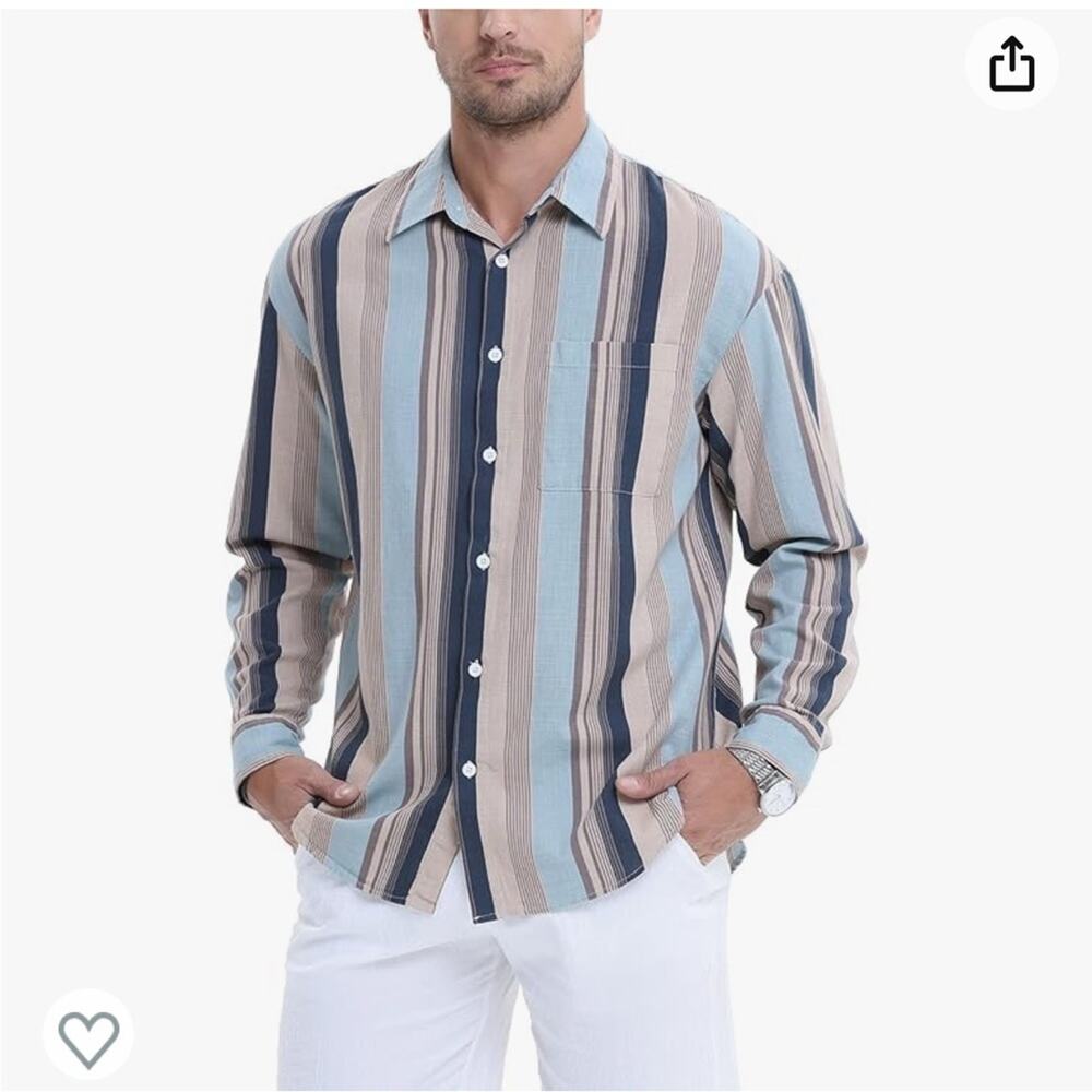 MCEDAR Mens Long Sleeve Linen-Blend Shirt Medium